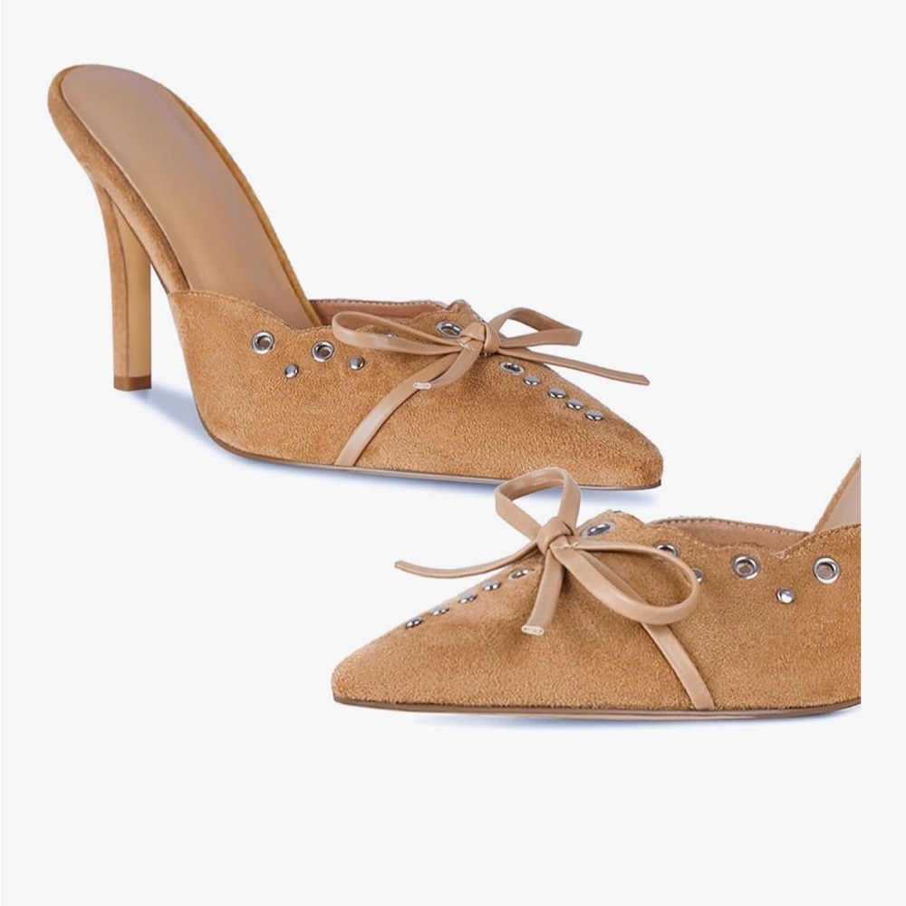 ASOS - Pointed toe faux suede pointed toe heeled mules bow studded tan beige